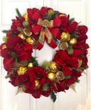 Lighted Red Amaryllis Pinecone Ornament Wreath: Winter Holiday Porch Decor