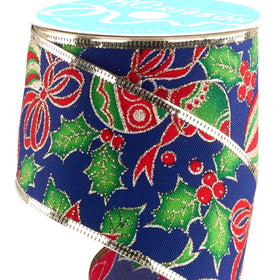 Navy Poinsettia Ornament Ribbon 2.5" or 4" (10 Yards)