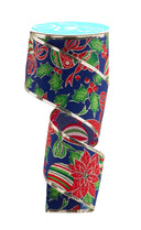 Navy Poinsettia Ornament Ribbon 2.5" or 4" (10 Yards)