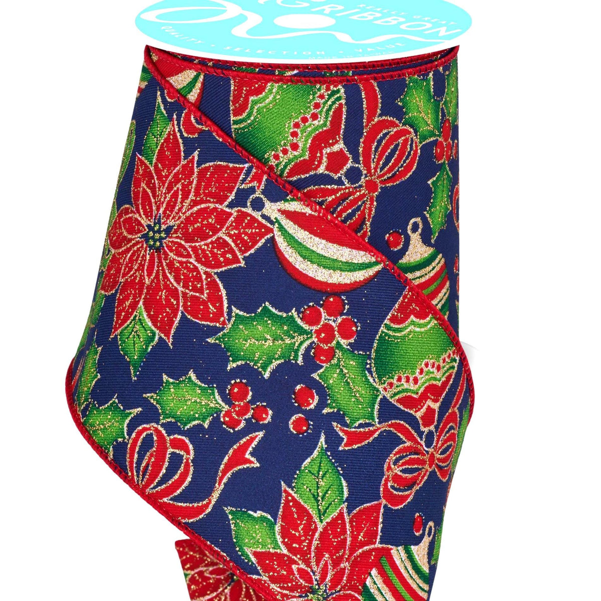 Navy Poinsettia Ornament Ribbon 2.5" or 4" (10 Yards)