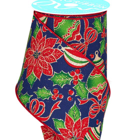 Navy Poinsettia Ornament Ribbon 2.5" or 4" (10 Yards)
