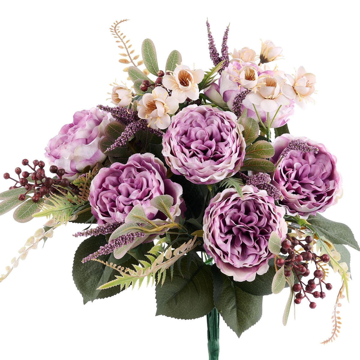 Purple Rose Bush with Berries & Fern - Athens Floral Bush (17-Inch)