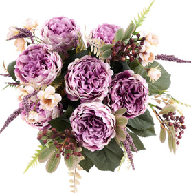 Purple Rose Bush with Berries & Fern - Athens Floral Bush (17-Inch)