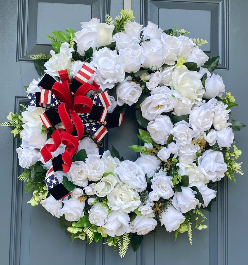 Everyday White Patriotic Memorial Wreath Front Door, Service Member, Military, Funeral