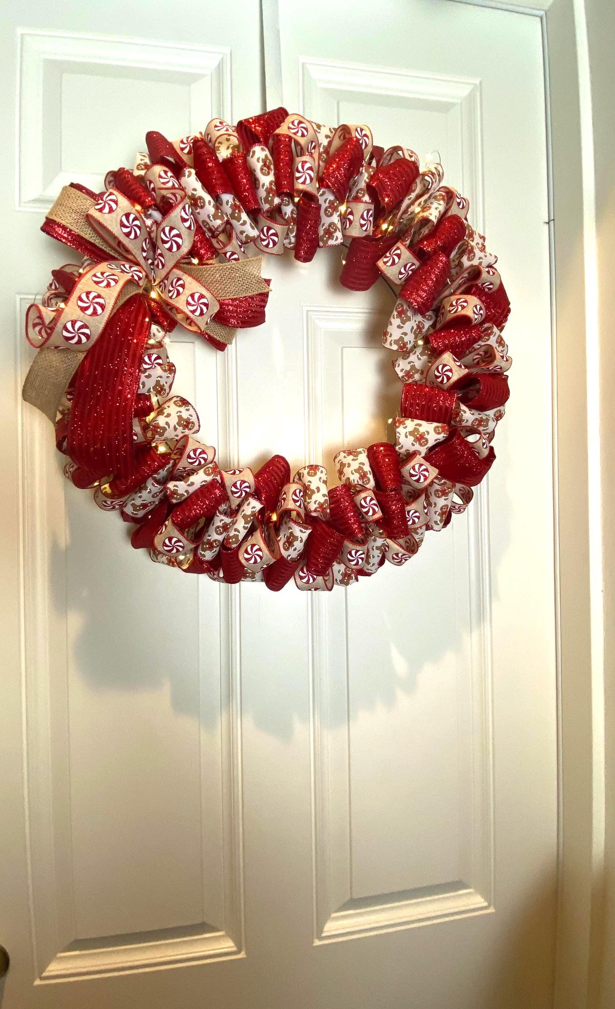 Gingerbread Ribbon Wreath, Farmhouse Holiday Kitchen Decor, Winter Front Door