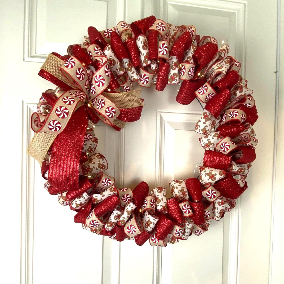 Gingerbread Ribbon Wreath, Farmhouse Holiday Kitchen Decor, Winter Front Door