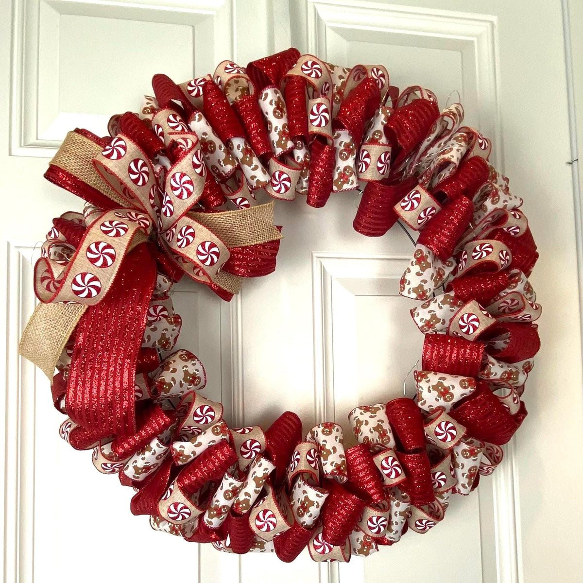 Gingerbread Ribbon Wreath, Farmhouse Holiday Kitchen Decor, Winter Front Door