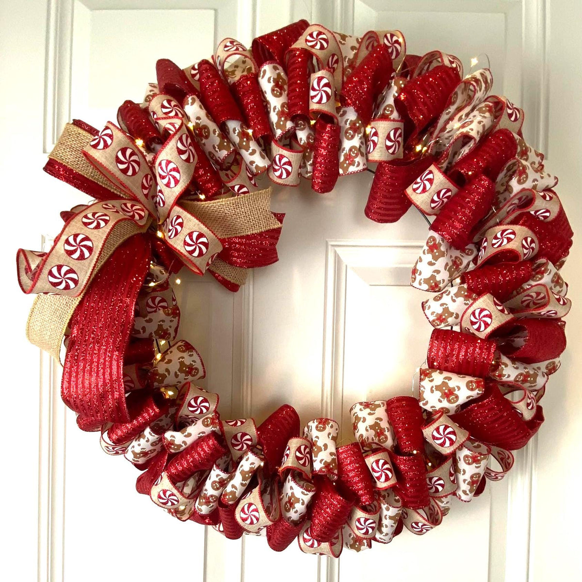 Gingerbread Ribbon Wreath, Farmhouse Holiday Kitchen Decor, Winter Front Door