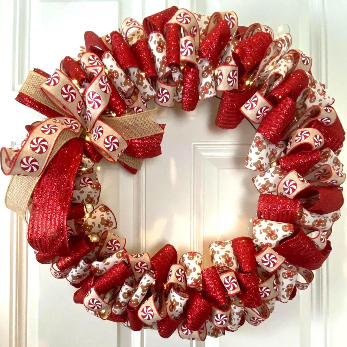 Gingerbread Ribbon Wreath, Farmhouse Holiday Kitchen Decor, Winter Front Door