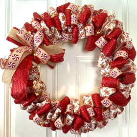 Gingerbread Ribbon Wreath, Farmhouse Holiday Kitchen Decor, Winter Front Door