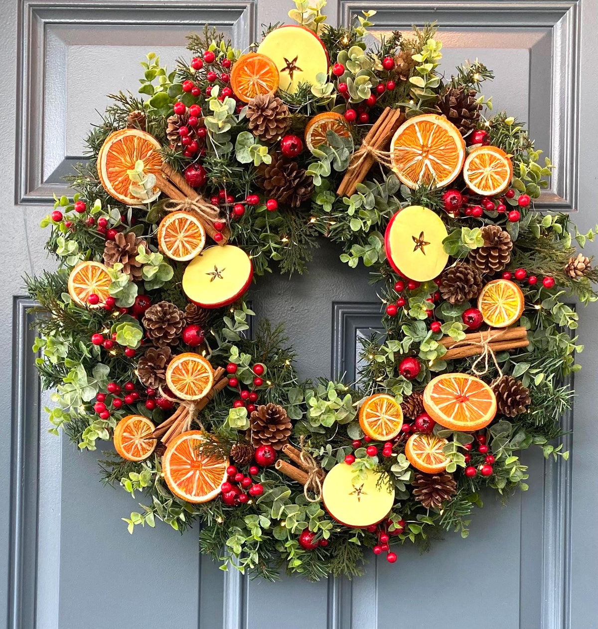 Fall-Winter Wreath with Bright Oranges, Apple Slices, Pinecones & Cinnamon Fragrance