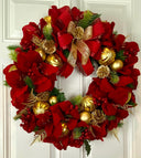 Lighted Red Amaryllis Pinecone Ornament Wreath: Winter Holiday Porch Decor