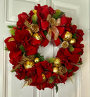 Lighted Red Amaryllis Pinecone Ornament Wreath: Winter Holiday Porch Decor