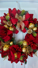 Lighted Red Amaryllis Pinecone Ornament Wreath: Winter Holiday Porch Decor