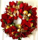 Lighted Red Amaryllis Pinecone Ornament Wreath: Winter Holiday Porch Decor