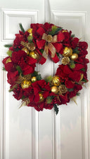 Lighted Red Amaryllis Pinecone Ornament Wreath: Winter Holiday Porch Decor