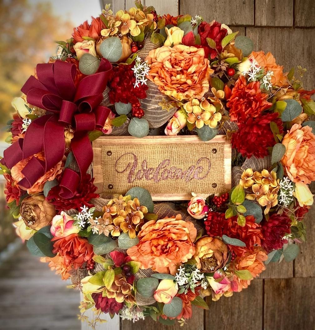 Personalized fall floral Wreath: Farmhouse Autumn Decor