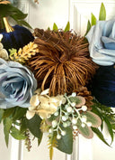 Velvet-Denim Fall Hydrangea Rose Wreath: Elegant Autumn Decor