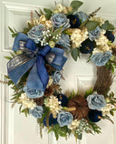 Velvet-Denim Fall Hydrangea Rose Wreath: Elegant Autumn Decor