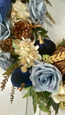 Velvet-Denim Fall Hydrangea Rose Wreath: Elegant Autumn Decor