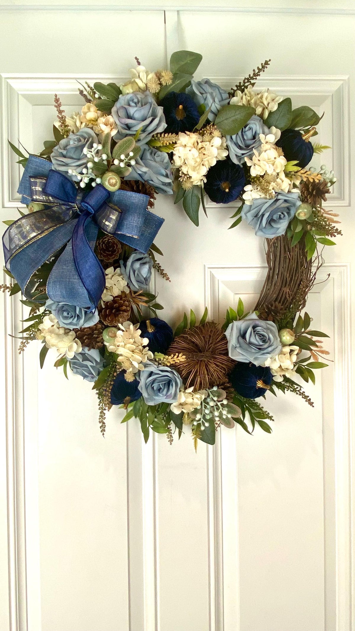 Velvet-Denim Fall Hydrangea Rose Wreath: Elegant Autumn Decor