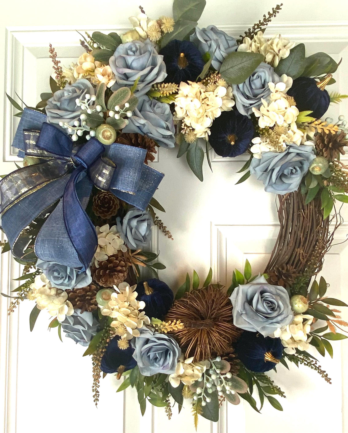 Velvet-Denim Fall Hydrangea Rose Wreath: Elegant Autumn Decor