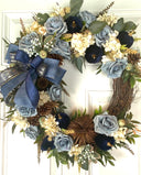Velvet-Denim Fall Hydrangea Rose Wreath: Elegant Autumn Decor