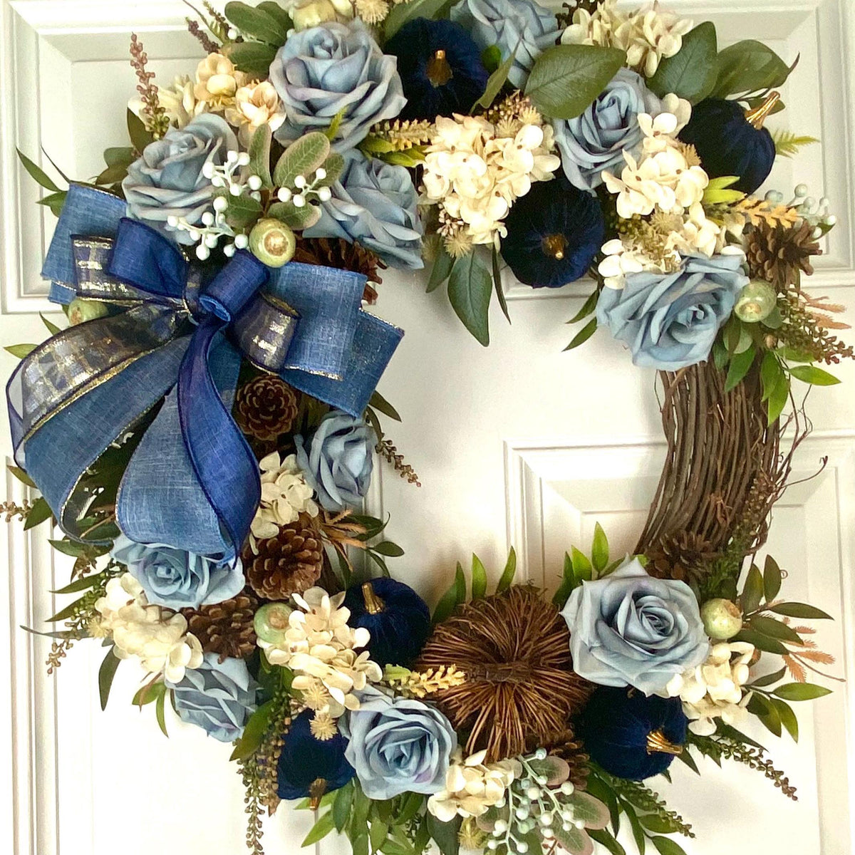 Velvet-Denim Fall Hydrangea Rose Wreath: Elegant Autumn Decor
