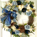 Velvet-Denim Fall Hydrangea Rose Wreath: Elegant Autumn Decor