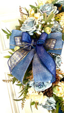 Velvet-Denim Fall Hydrangea Rose Wreath: Elegant Autumn Decor