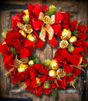 Lighted Red Amaryllis Pinecone Ornament Wreath: Winter Holiday Porch Decor