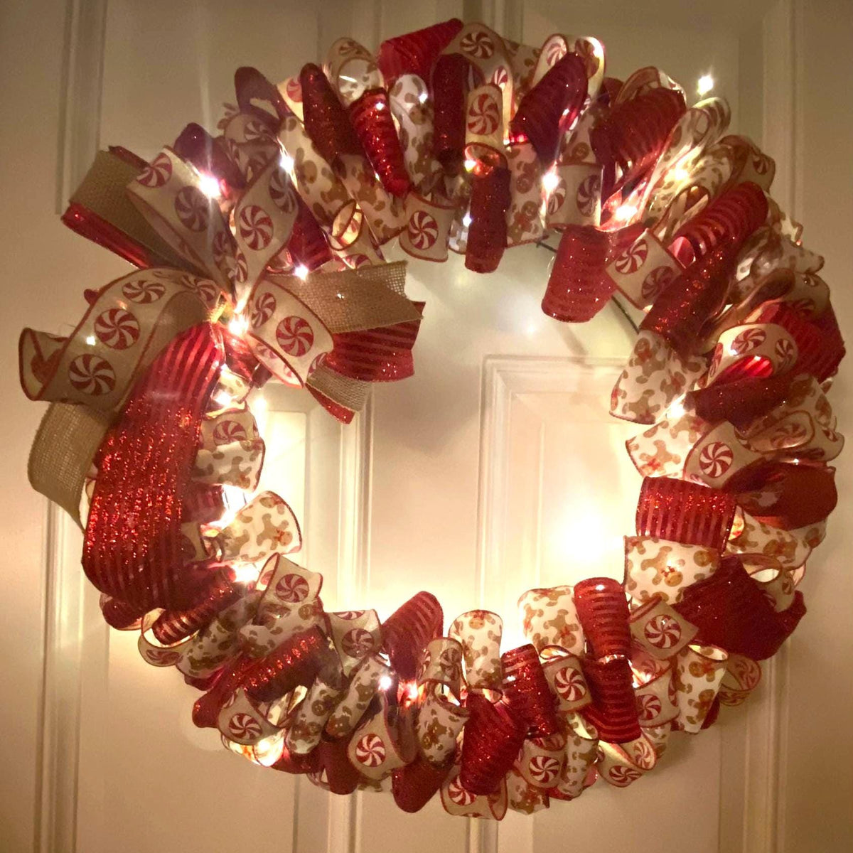 Gingerbread Ribbon Wreath, Farmhouse Holiday Kitchen Decor, Winter Front Door