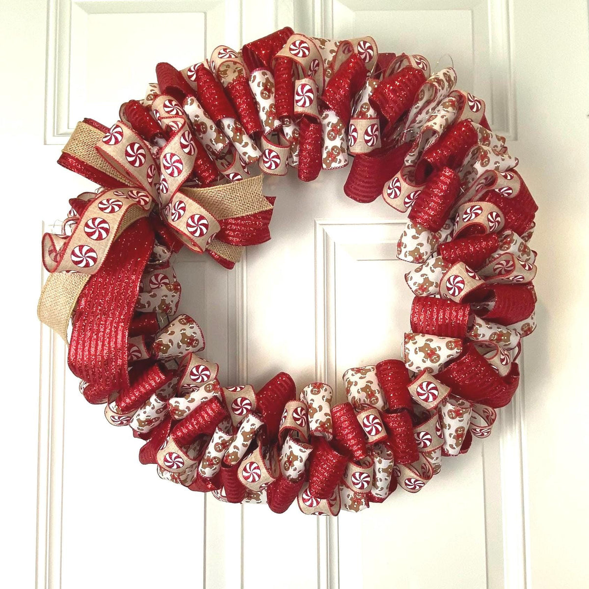 Gingerbread Ribbon Wreath, Farmhouse Holiday Kitchen Decor, Winter Front Door