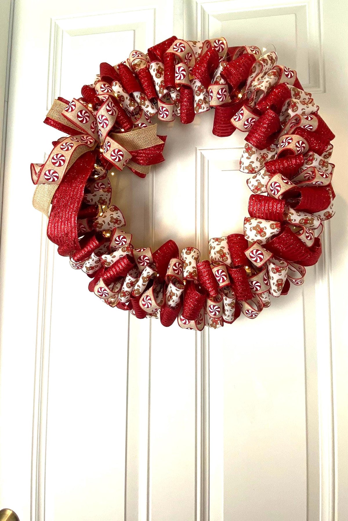 Gingerbread Ribbon Wreath, Farmhouse Holiday Kitchen Decor, Winter Front Door