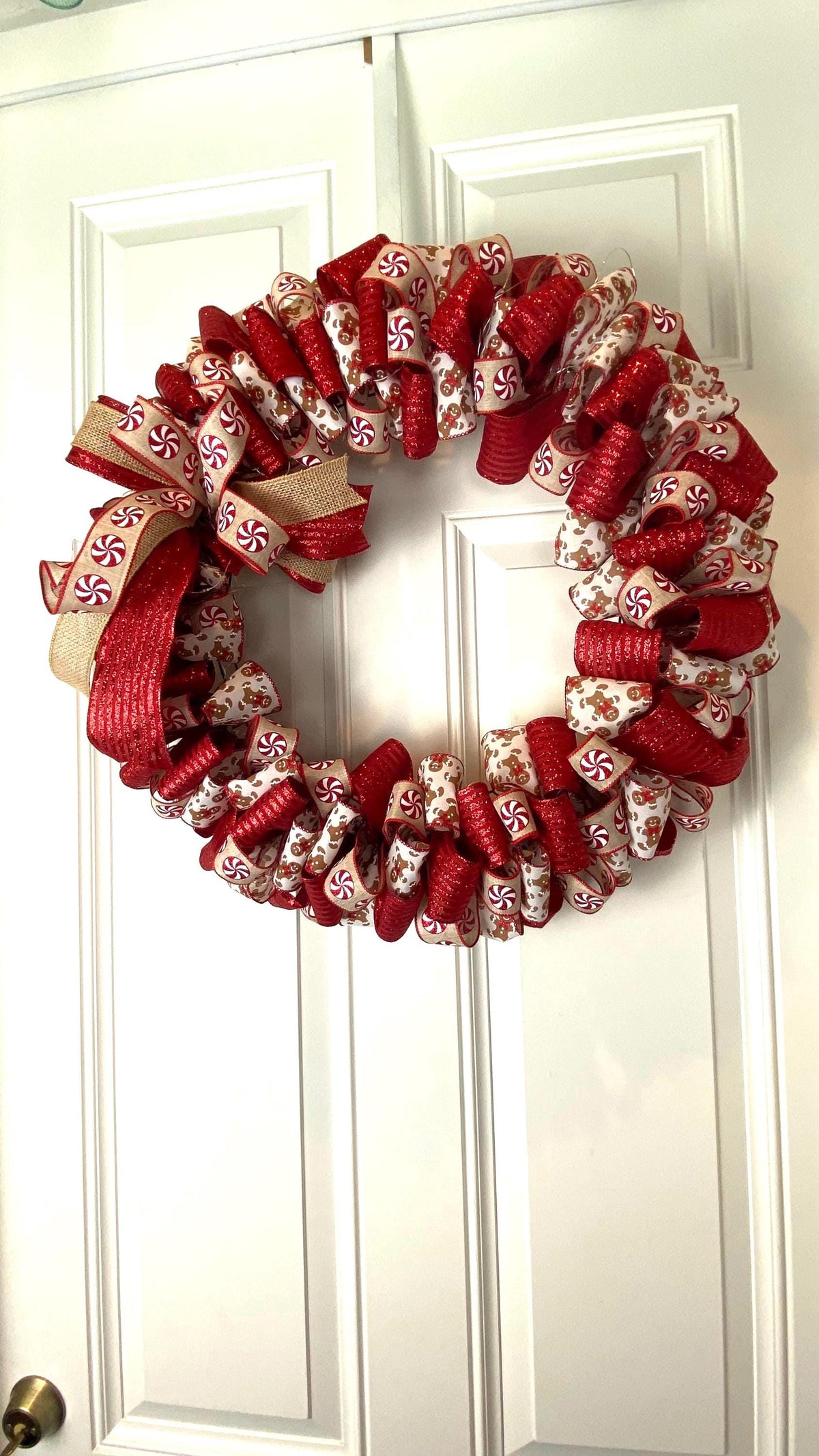 Gingerbread Ribbon Wreath, Farmhouse Holiday Kitchen Decor, Winter Front Door