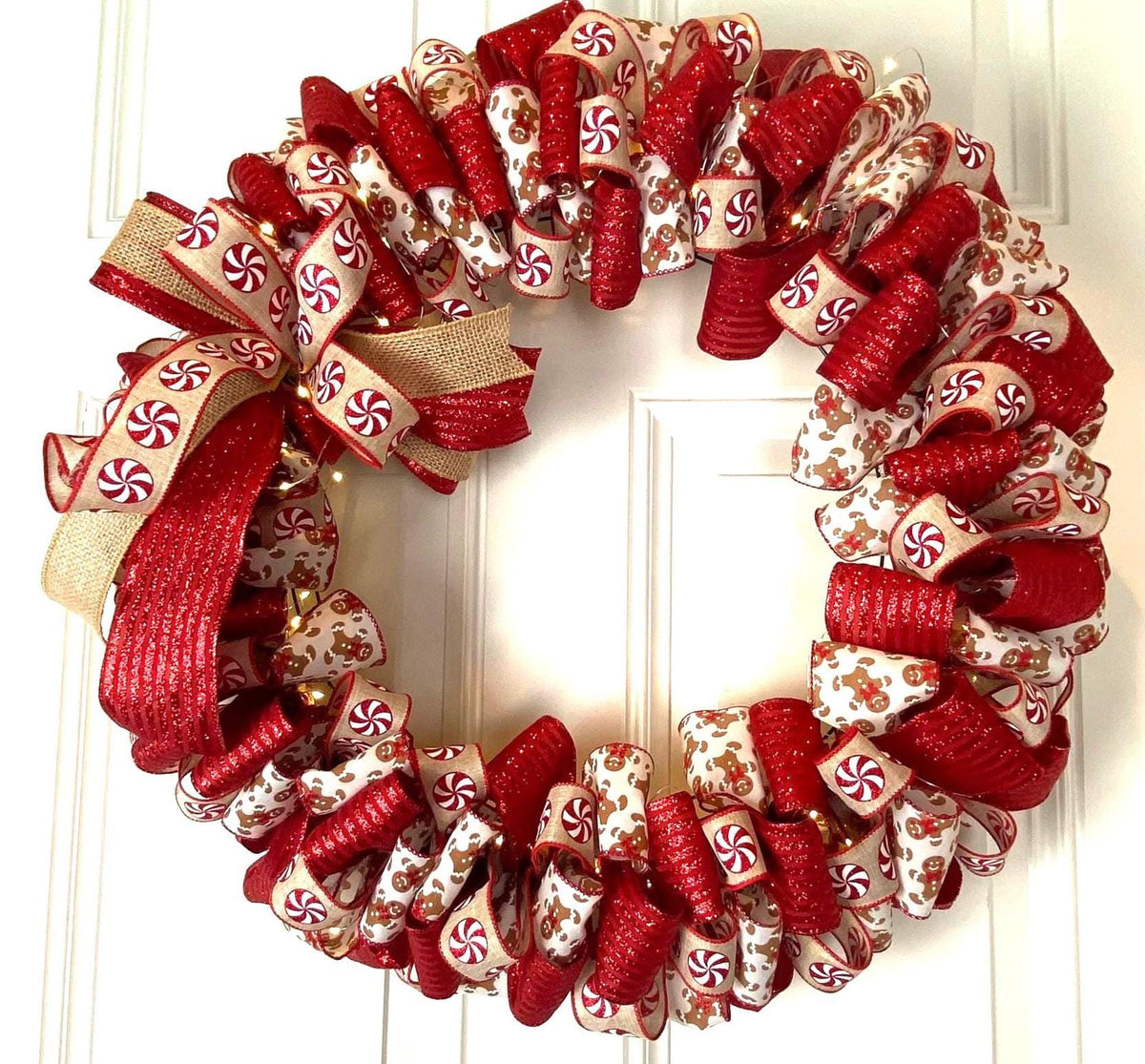 Gingerbread Ribbon Wreath, Farmhouse Holiday Kitchen Decor, Winter Front Door