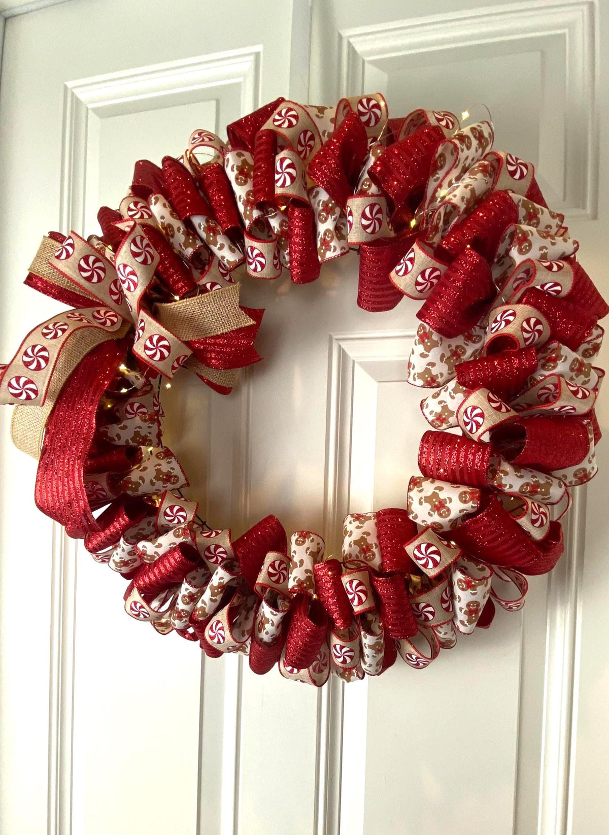 Gingerbread Ribbon Wreath, Farmhouse Holiday Kitchen Decor, Winter Front Door