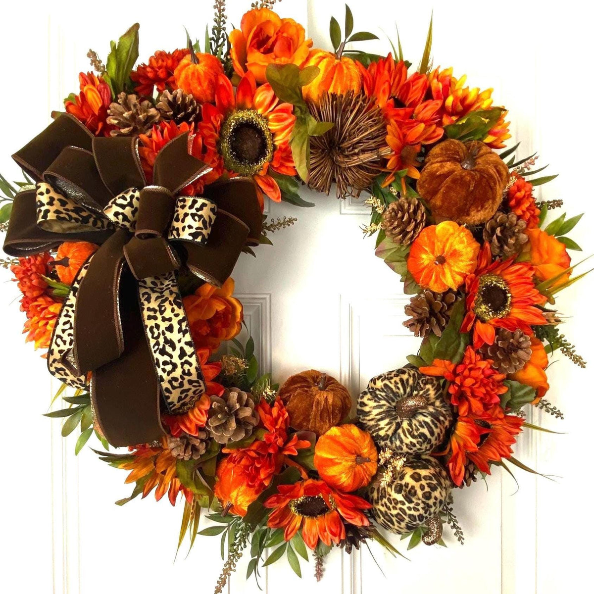 Pumpkin Sunflower Wreath: Wild Leopard Autumn Decor