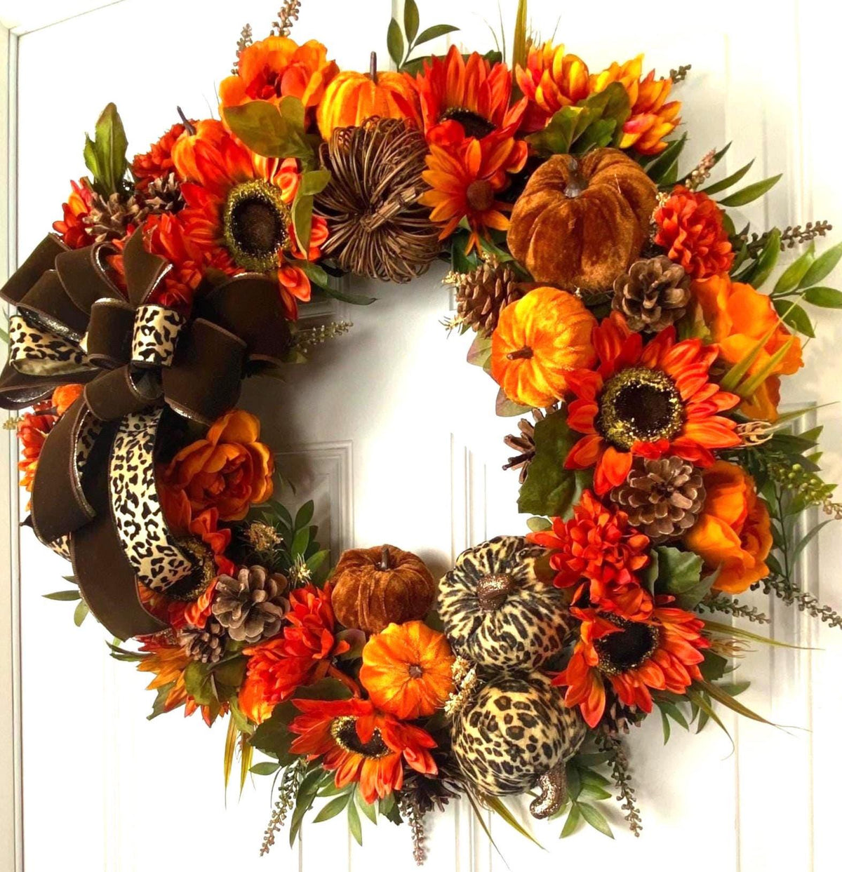 Pumpkin Sunflower Wreath: Wild Leopard Autumn Decor