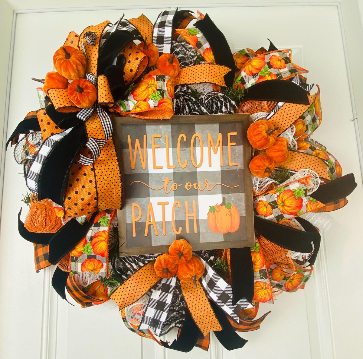 Fall Wreath, Pumpkin, Buffalo check, Farmhouse Deco, Traditional Autumn, Front Door decor