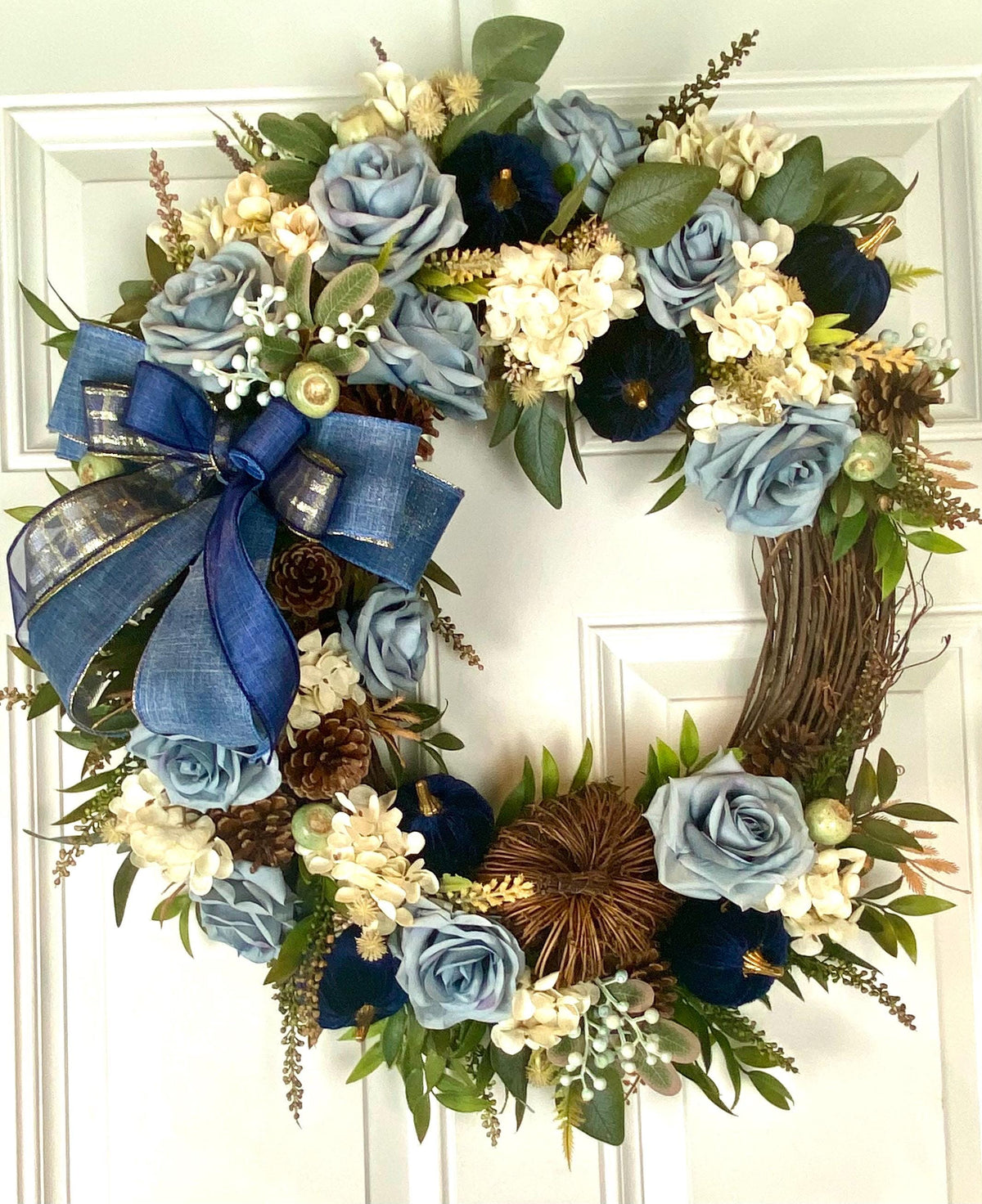 Velvet-Denim Fall Hydrangea Rose Wreath: Elegant Autumn Decor