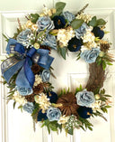 Velvet-Denim Fall Hydrangea Rose Wreath: Elegant Autumn Decor