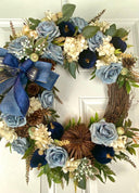 Velvet-Denim Fall Hydrangea Rose Wreath: Elegant Autumn Decor