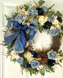 Velvet-Denim Fall Hydrangea Rose Wreath: Elegant Autumn Decor