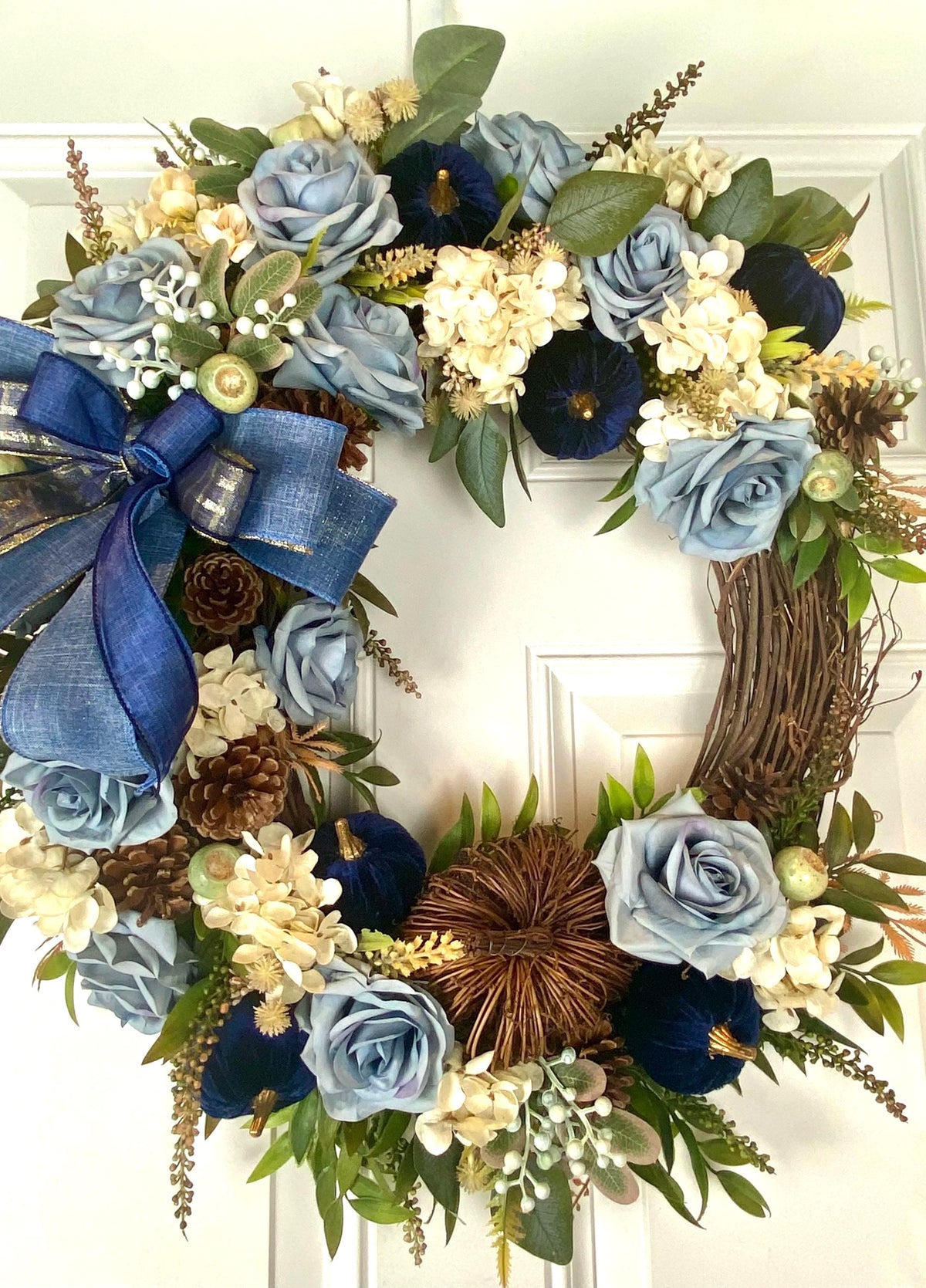 Velvet-Denim Fall Hydrangea Rose Wreath: Elegant Autumn Decor