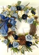 Velvet-Denim Fall Hydrangea Rose Wreath: Elegant Autumn Decor
