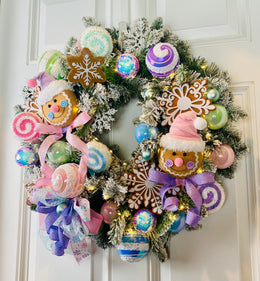 Lighted Pastel Gingerbread Wreath: Holiday Front Door Decor, Candyland