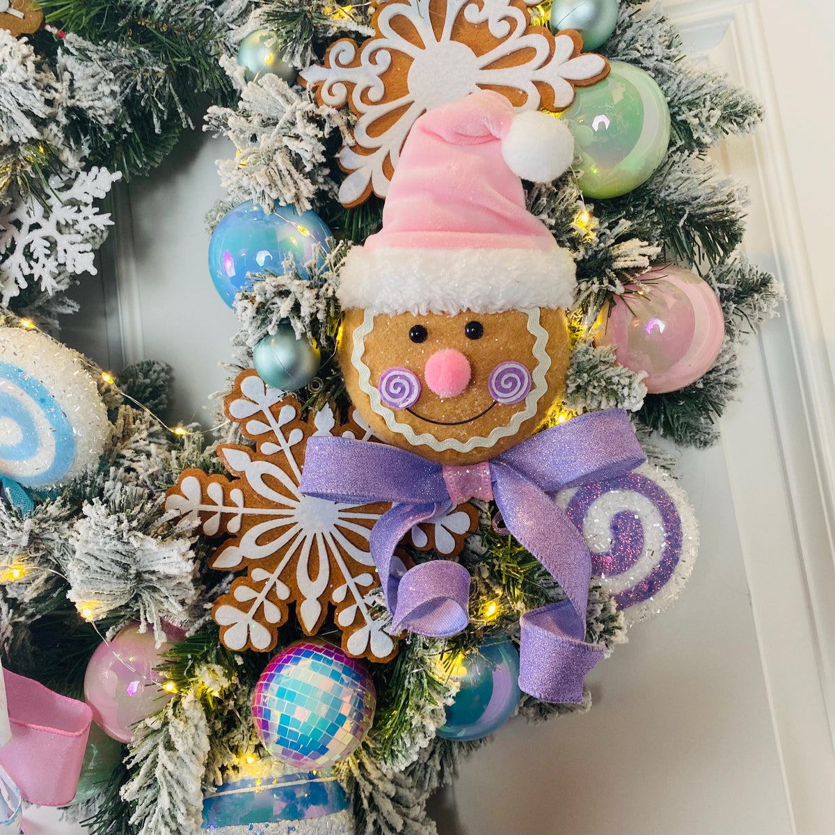 Lighted Pastel Gingerbread Wreath: Holiday Front Door Decor, Candyland