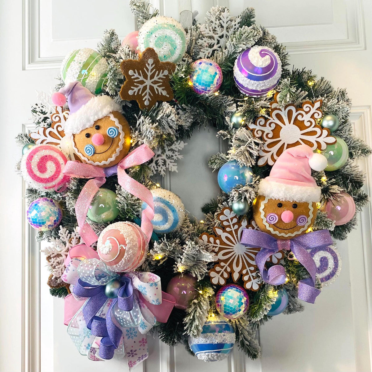 Lighted Pastel Gingerbread Wreath: Holiday Front Door Decor, Candyland