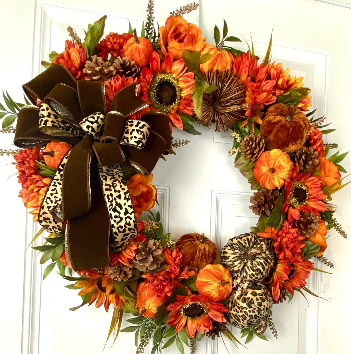 Pumpkin Sunflower Wreath: Wild Leopard Autumn Decor